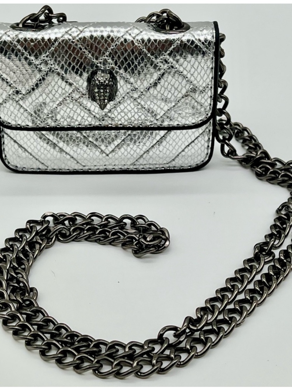 Kurt Geiger Silver Quilted Snake-Embellished Crossbody